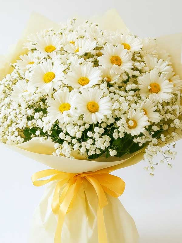 Yellow Bow Daisy Bouquet