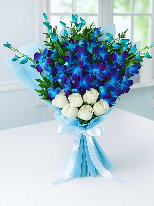 Blue Orchid & White Rose Bouquet