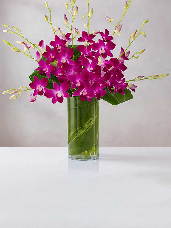 Orchid & Cypress Leaf Glass Vase Arrangement